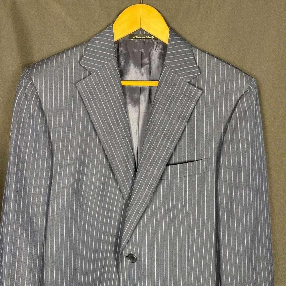 Faconnable Navy Pinstripe Wool Linen Blazer Sz 51 IT/41R Italy Summer - Picture 2 of 15